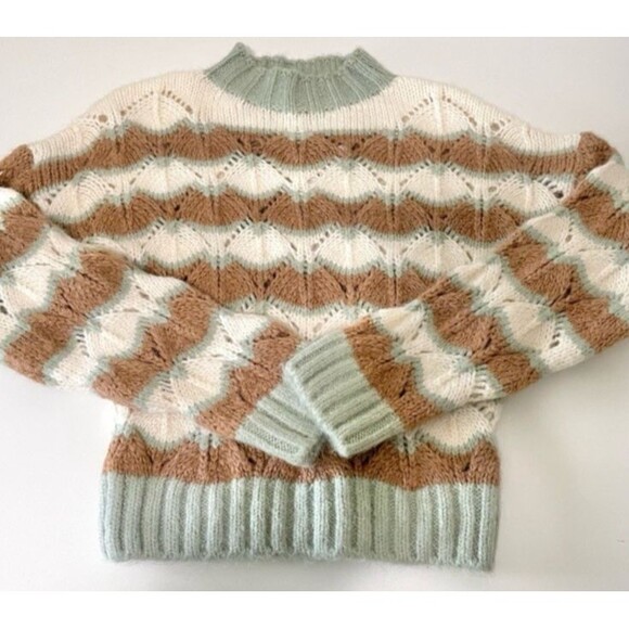 Zara Striped Pointelle Knit Alpaca Wool Blend Sweater Women’s S/M Ivory Tan Sage - Picture 7 of 7